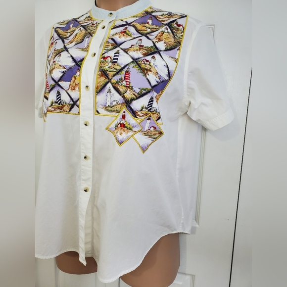 Quacker Factory Lighthouse Coast Button Down Cotton Shirt Womens 1X ~ Pre-Owned - Picture 3 of 12